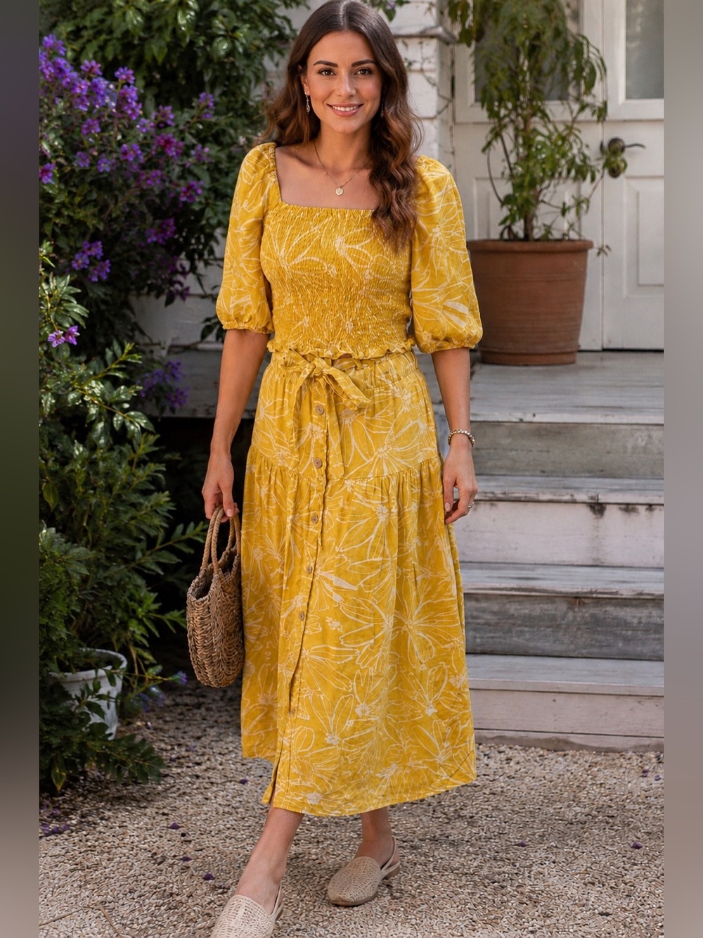 Universal Thread Goods Co. NWOT 2-Piece Floral Smocked Set S Mustard Yellow A24